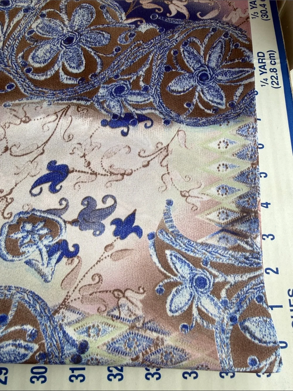 Vintage 90s Satin Fabric 5 Yards Drapey Ornate Floral Medallion Blue Mauve